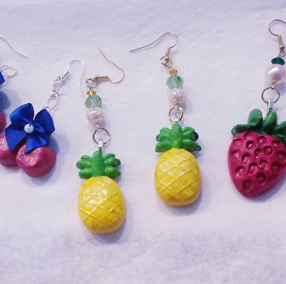3 pair Hand Crafted Earrings Cherries Pineapple